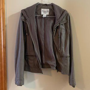 Grey Faux Leather Hooded Jacket